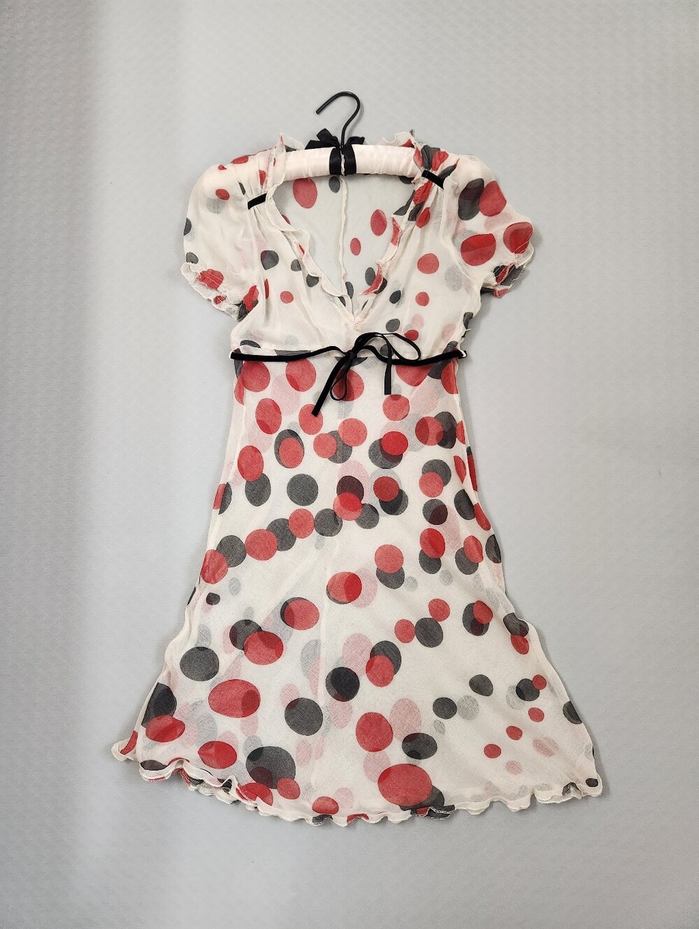 Vintage Y2K Sisley Dress XS White Muslin Polka Dot Black Velvet Mini Sheer Fairy